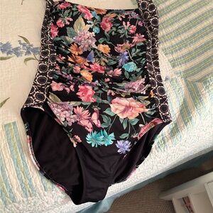 Johnny Was ruched one piece, multi swimsuit